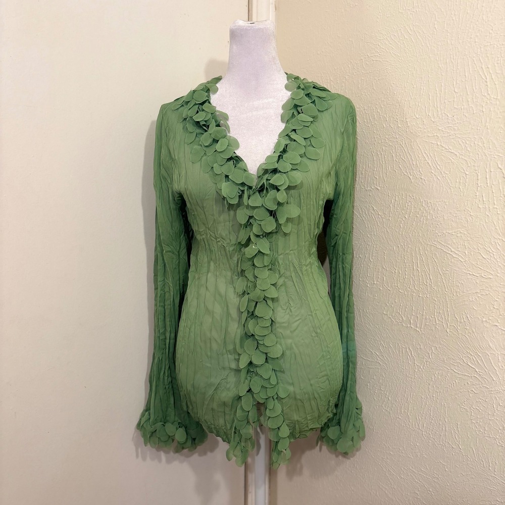 Sheer Green Crinkle Confetti Petal Trim Flare Sleeve Blouse Sz L Fairy Whimsical